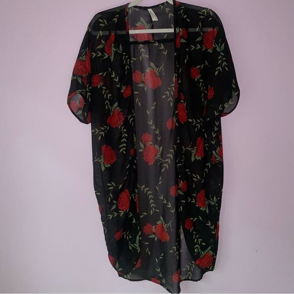 Live 4 Truth S Cardigan Black Sheer Longline Short Sleeve Rose Swim Kimono - Picture 1 of 7